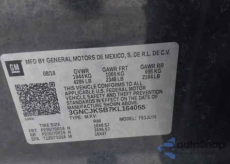 2019 Chevrolet Trax Ls из США, поврежденный, VIN 3GNCJKSB7KL164055